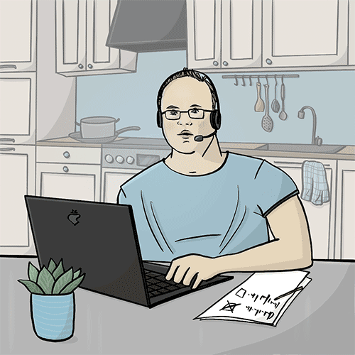 Zeichnung von einem jungen Mann mit Downsyndrom, der einen Laptop nutzt.